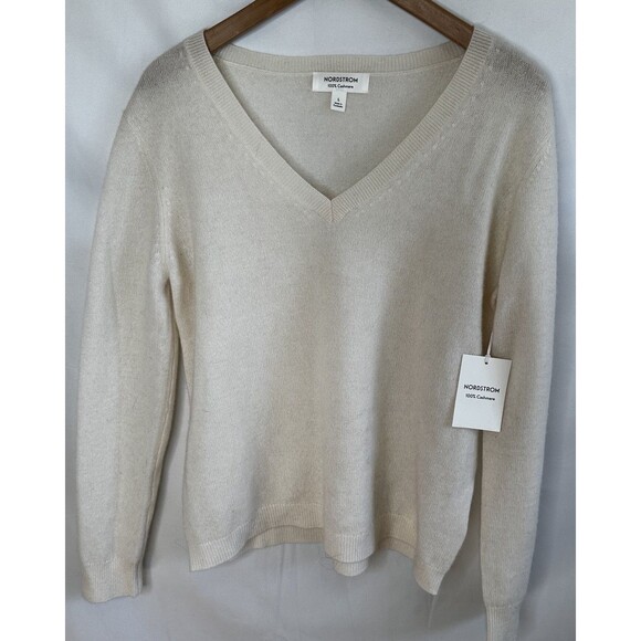 NWT Nordstrom Cashmere  V-Neck Sweater Large Ivory Light weight Summer - Picture 7 of 11